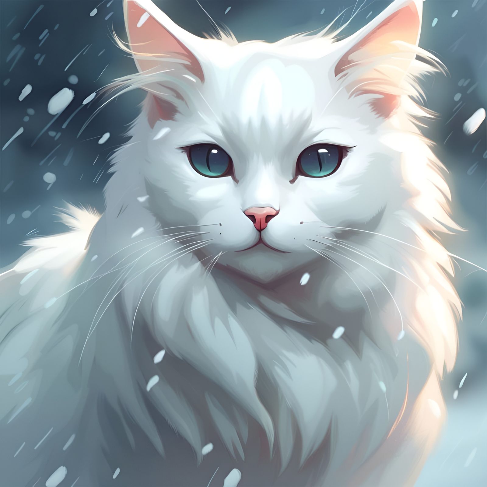 Cute White Cat in Snowy Anime Style