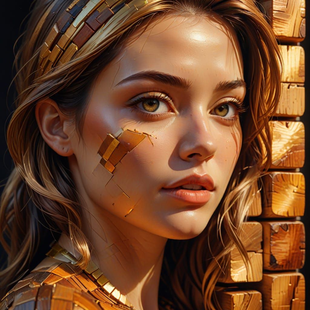 Wooden Block Woman in Vibrant Digital Oil Painting