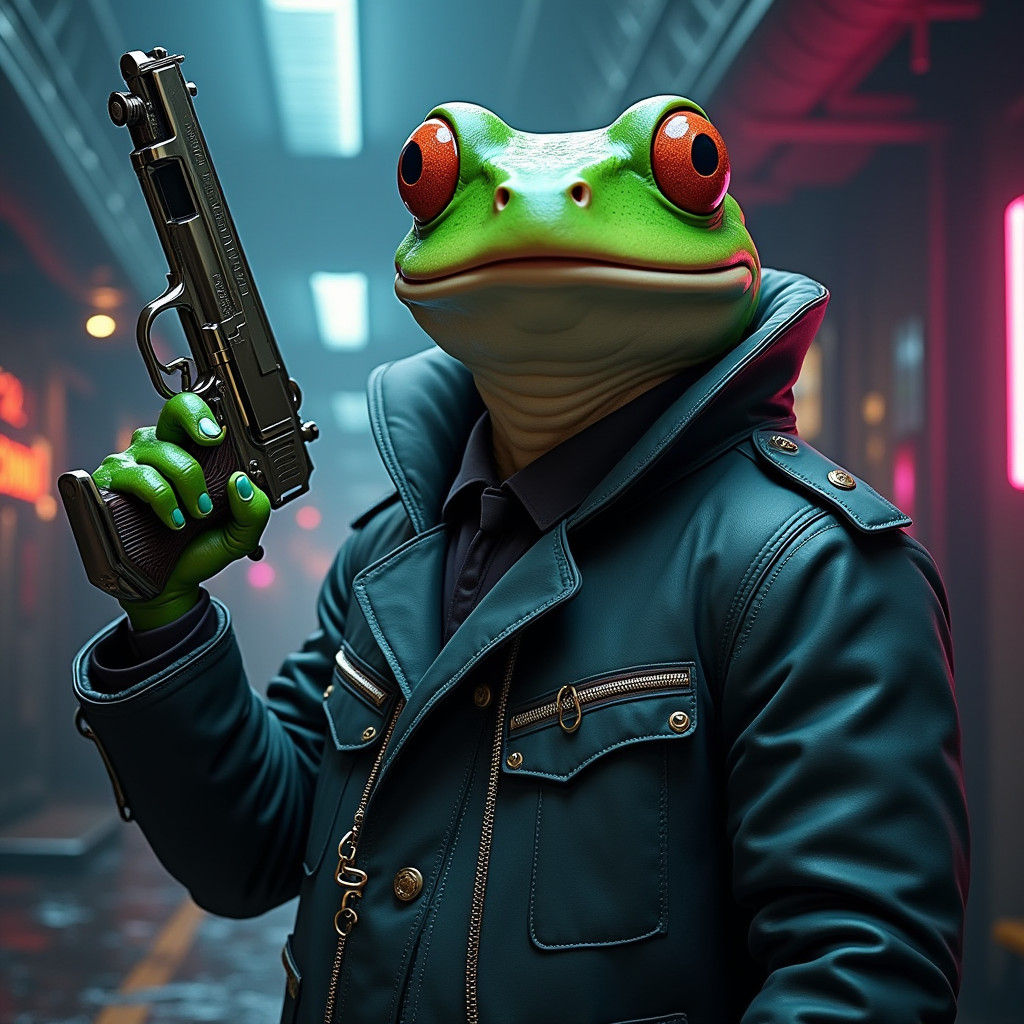 Film Noir Human Frog Hybrid with Pistol