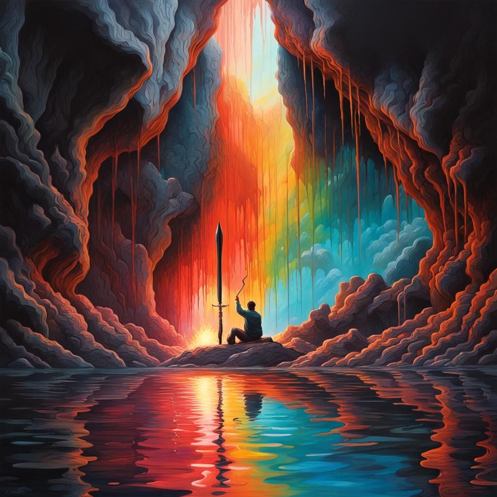 Polychromatic Graffiti Art: Cave Lake with Fire Sword