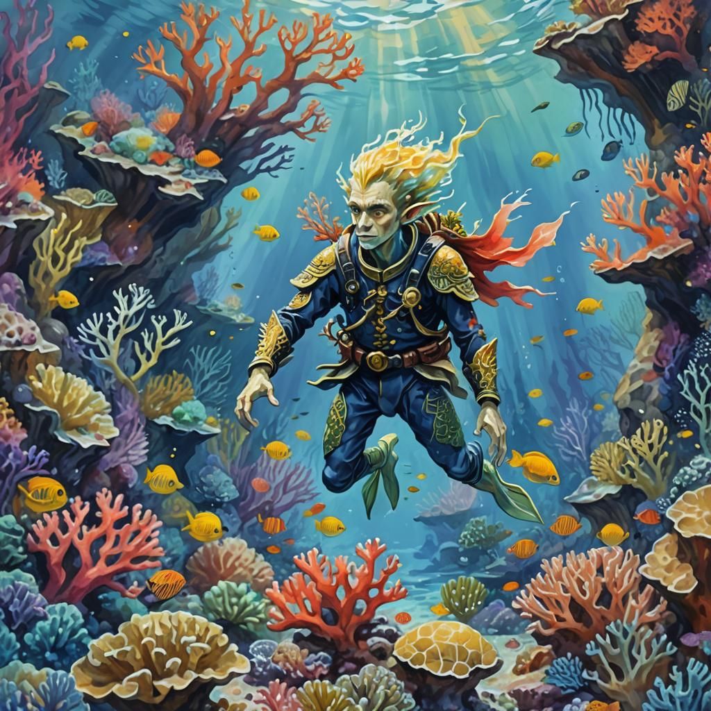 Sea Elf Swimming Near Coral Reef in Gouache Style