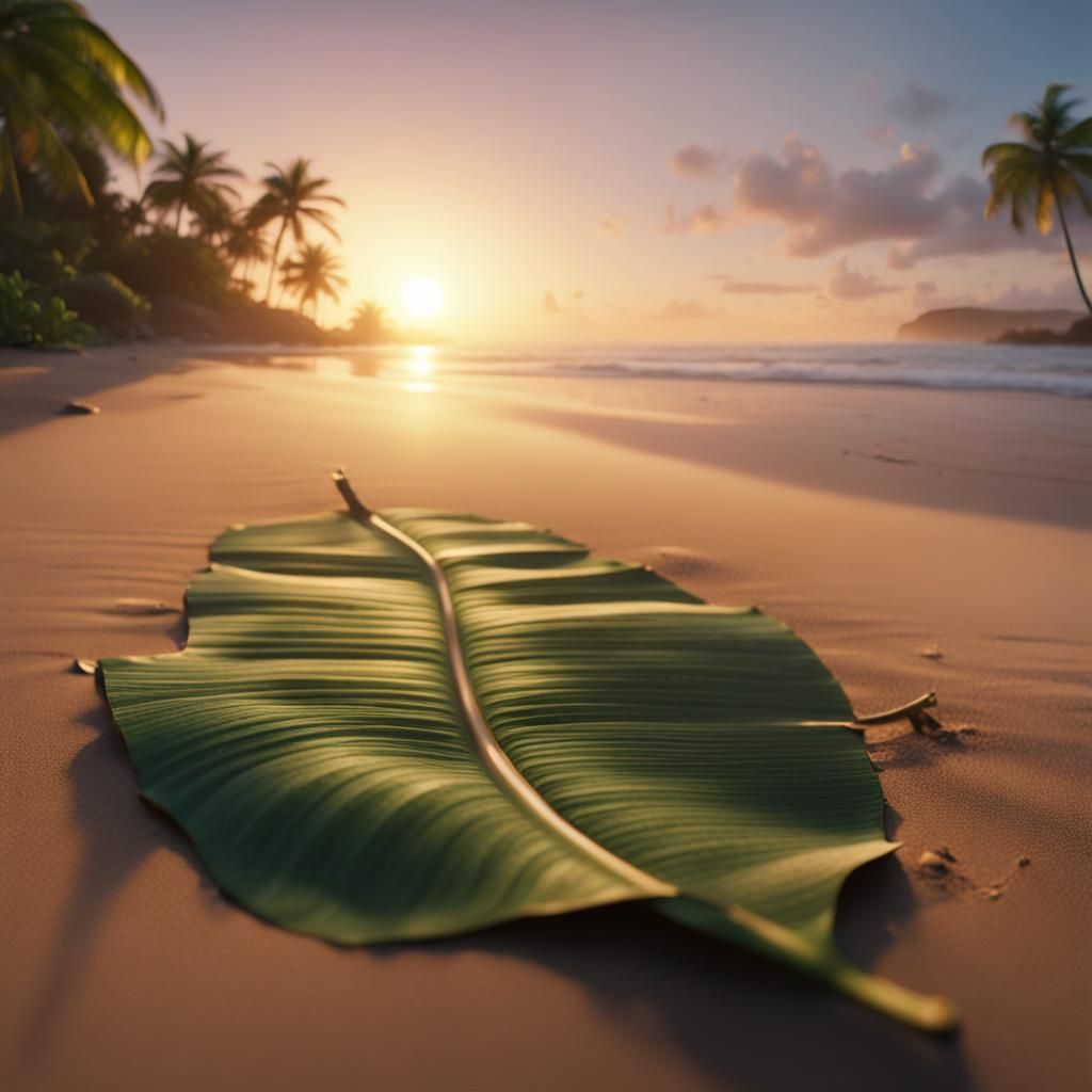 Banana Leaf on Beach at Sunrise: Fantasy Concept Art