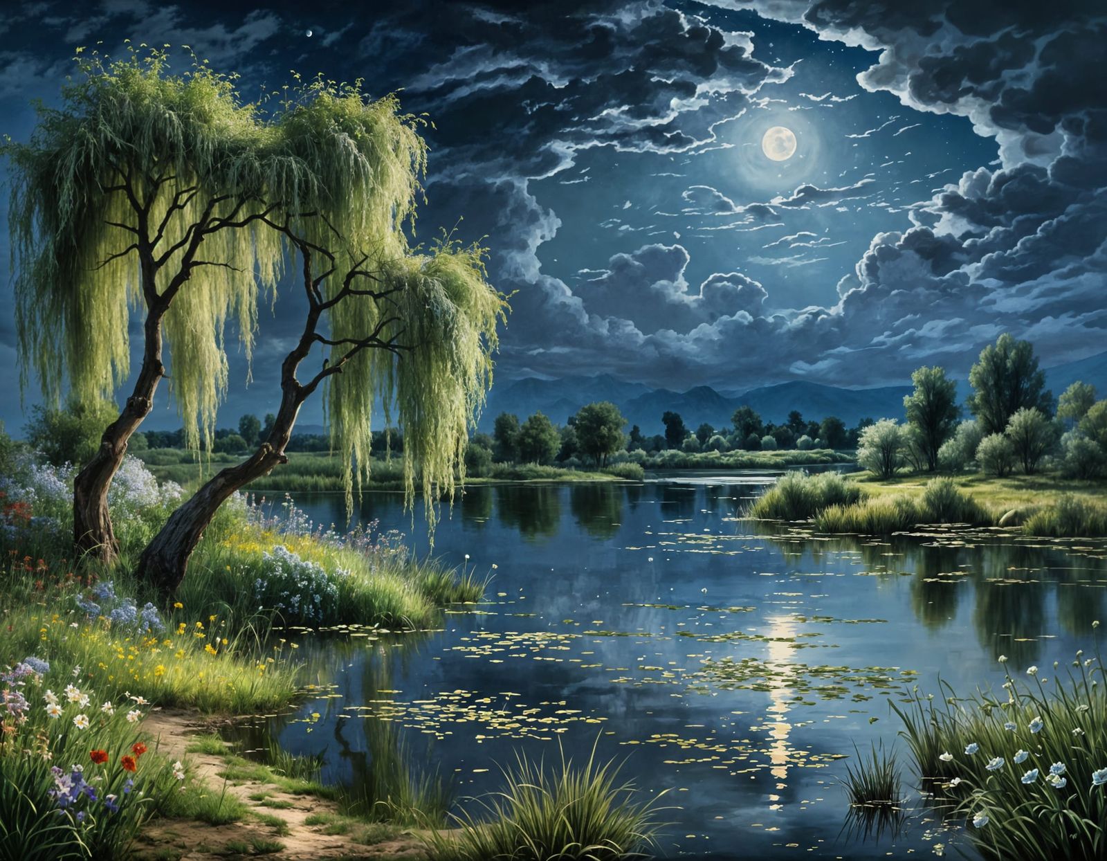Luminous Lake Scene Under Moonlight