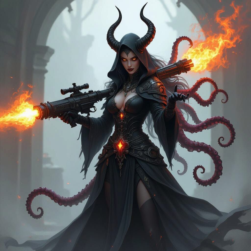Dark Fantasy Necromancer with Demonic Flamethrower and Tenta...