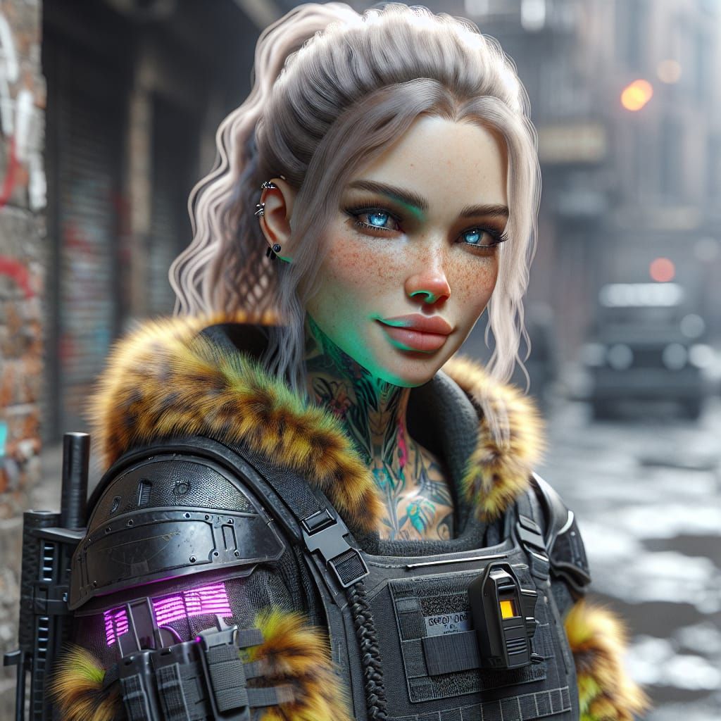 Cyberpunk Medieval Woman in Rundown City Street