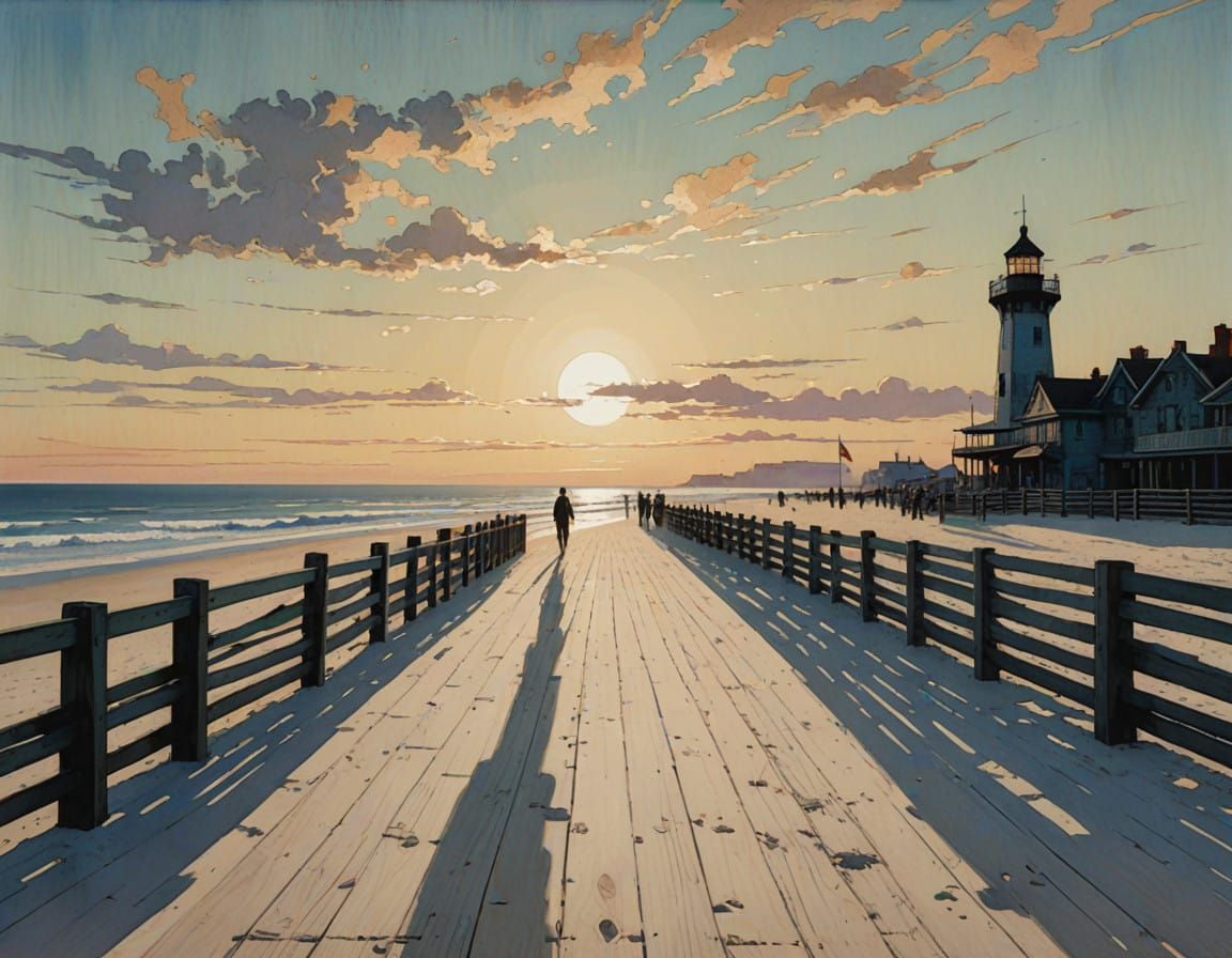 Dreamy Seaside Boardwalk Scene in the Style of Late 19th-Cen...