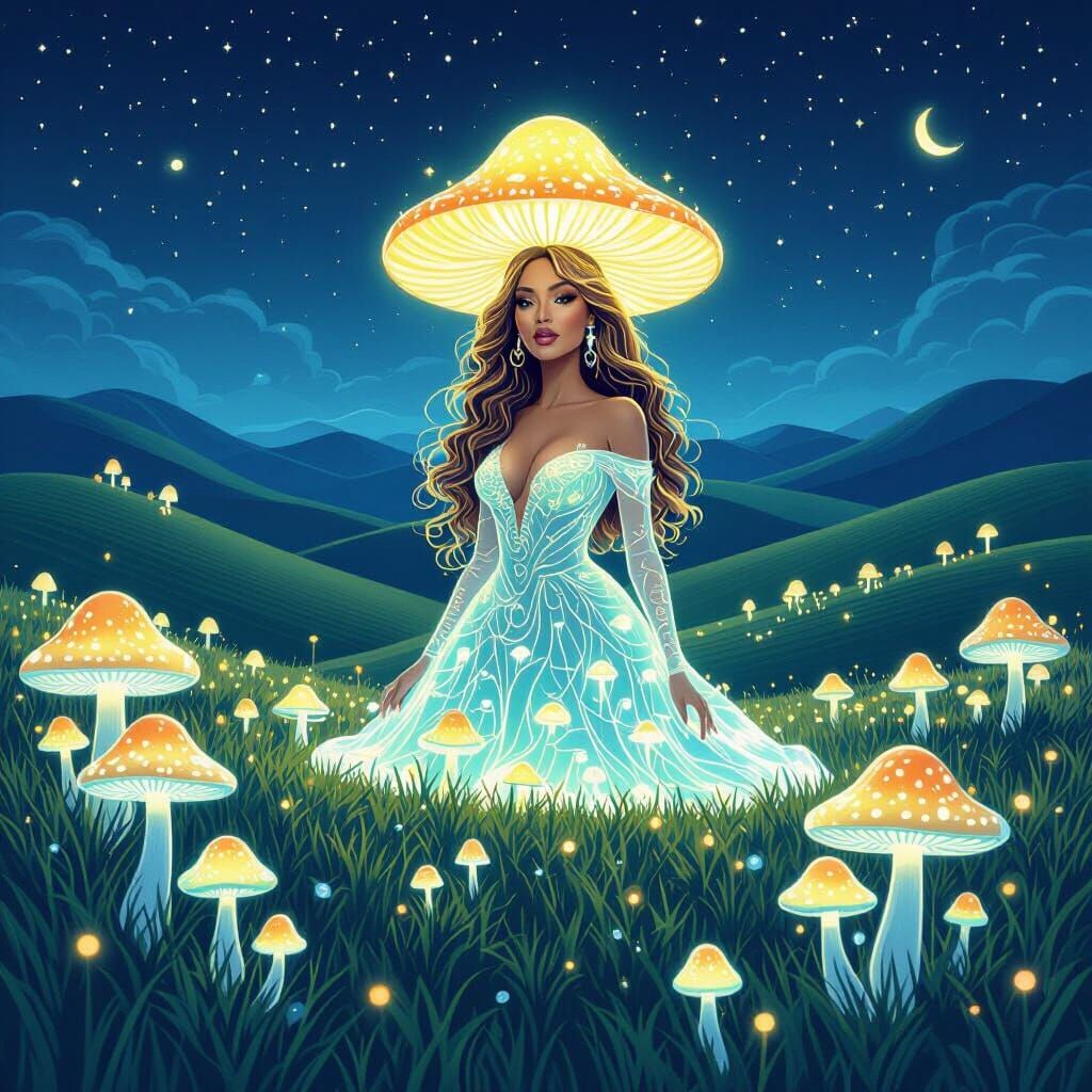 Majestic Mariah Carey in Bioluminescent Mushroom Field at Ni...