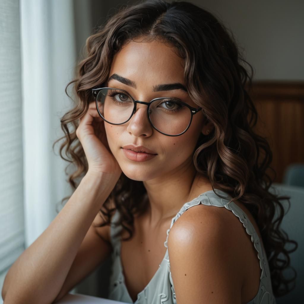 Girl with Glasses in Minimalist Room, Adult Coloring Book St...