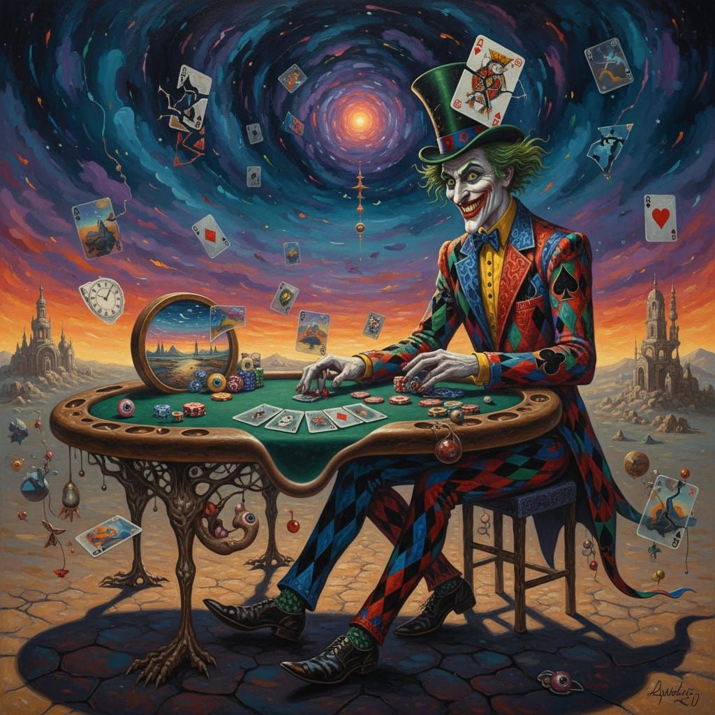 Surreal Joker Oil Painting with Playing Card Motifs