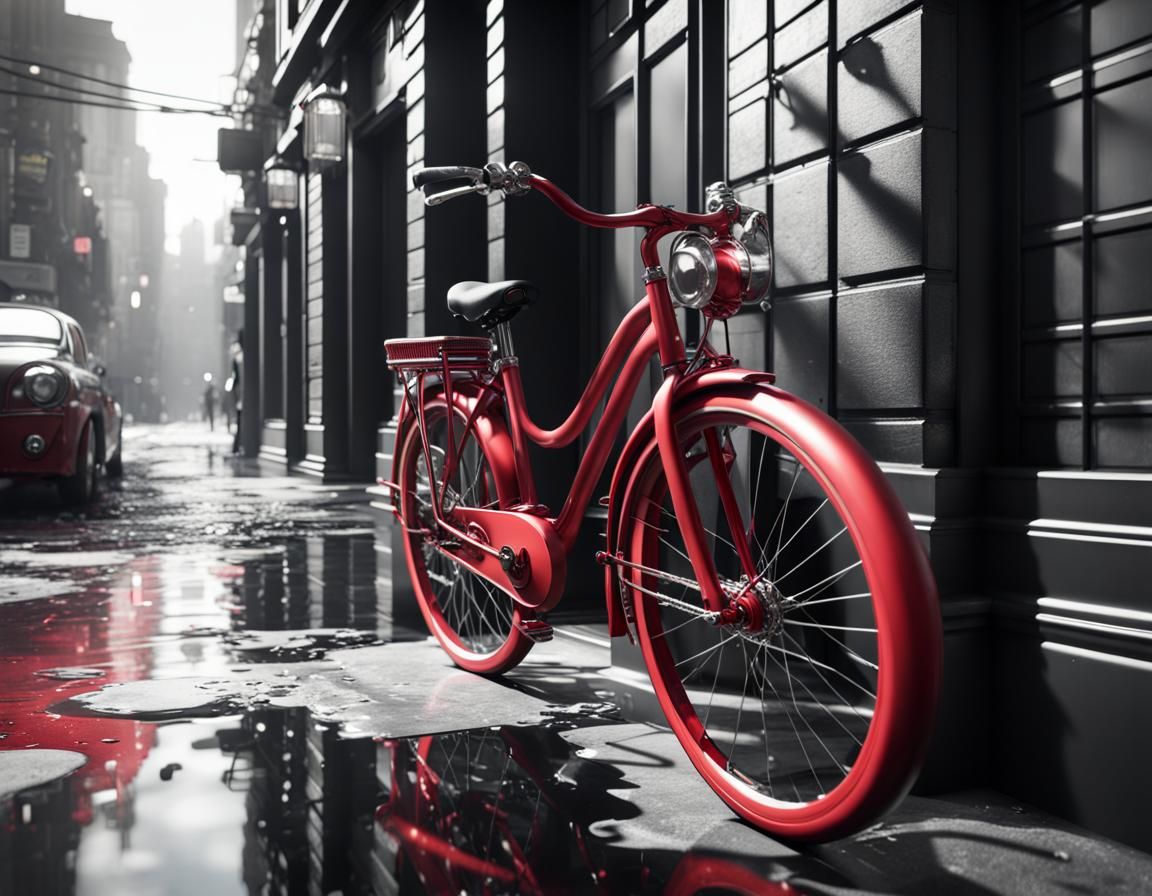 Crimson Bicycle in Black and White Cityscape