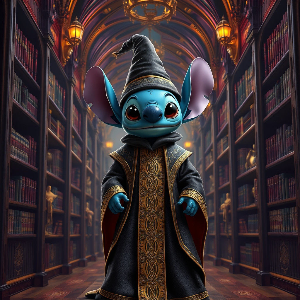 Stitch as Wizard in Hogwarts Corridor