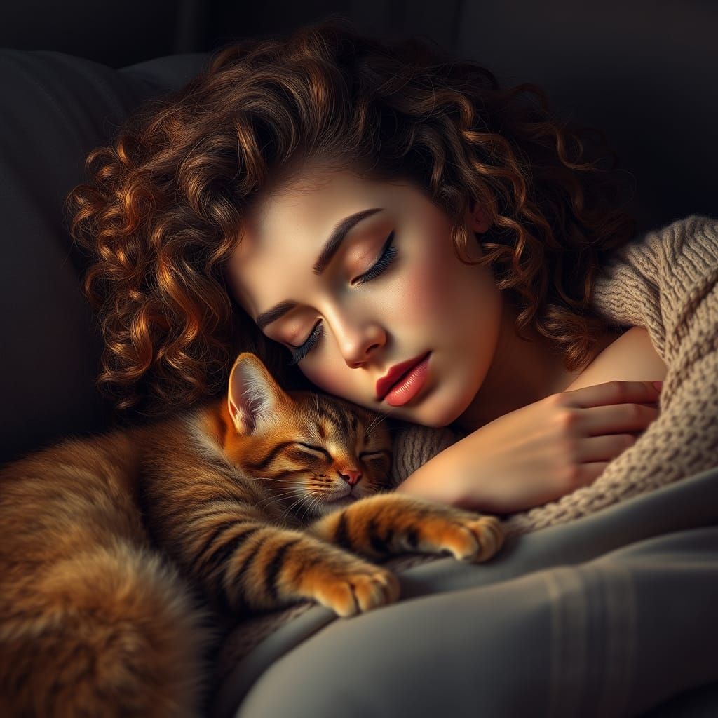 Serene Woman Portrait with Cat, Hyperrealistic Digital Art