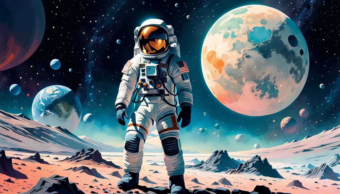 Astronaut on Moon in Ethereal Watercolor Style