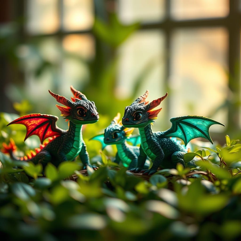Delicate Elemental Dragons in Whimsical Studio Settings