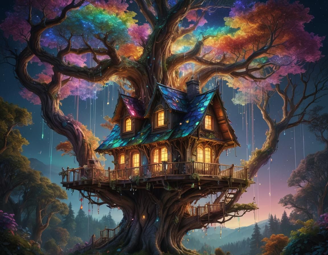 Suspended rainbow house from a gigantic tree