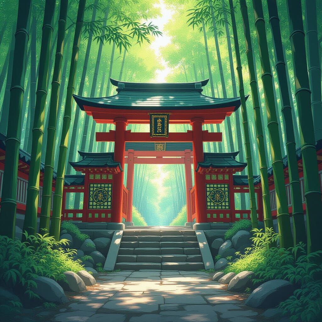 Serene Anime Shrine in Bamboo Forest