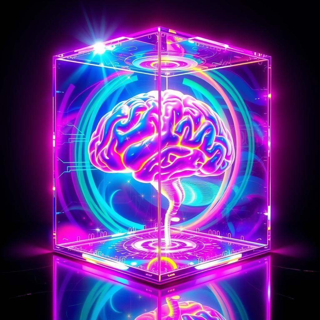 Brain in Cube: Futuristic Neon Cyberpunk Art