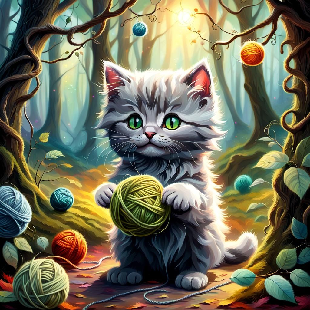 Grey Kitten Plays in Mystical Forest