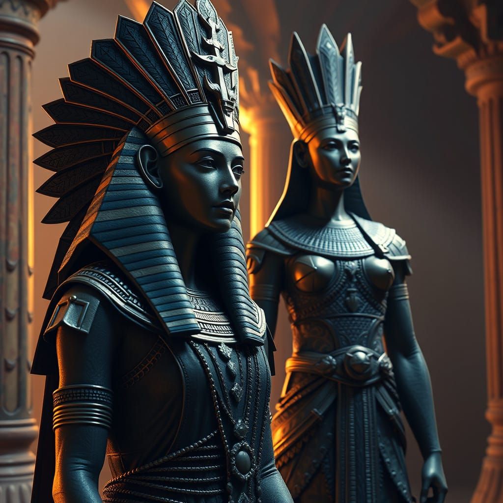 Egyptian Queen in Warm Ancient Hues, beside Life-like Wax St...