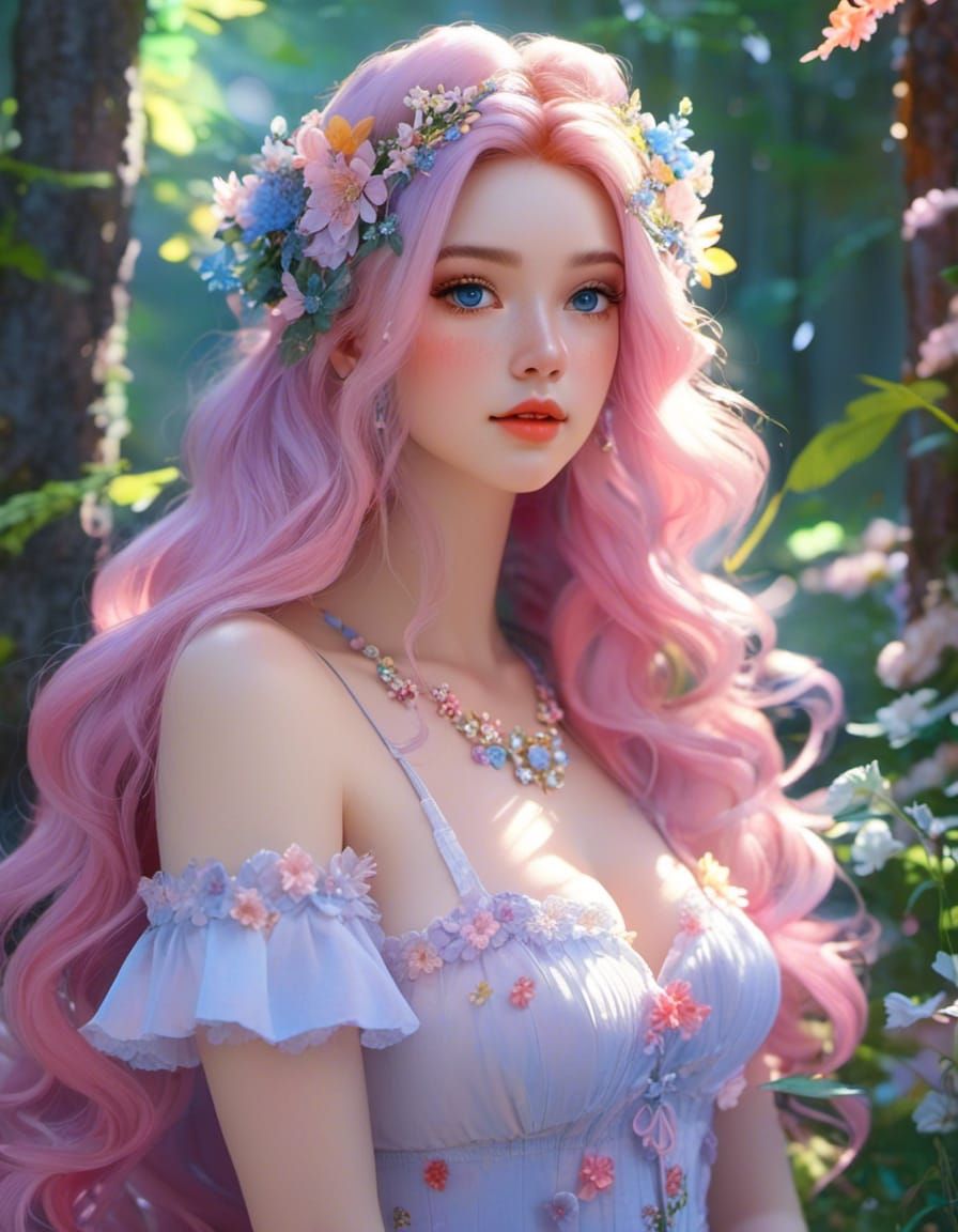 Freckled Princess in Pastel Garden, Anime-Realism Portrait