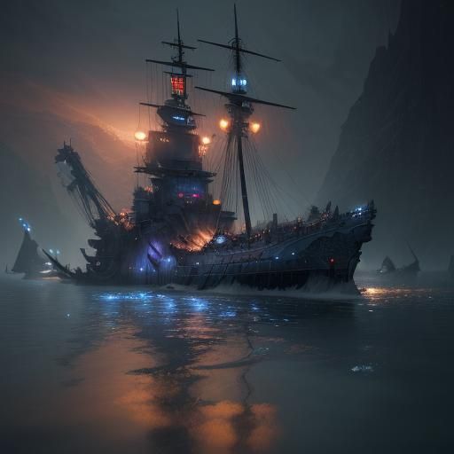 Warship Sinking at Night: Detailed Matte Painting