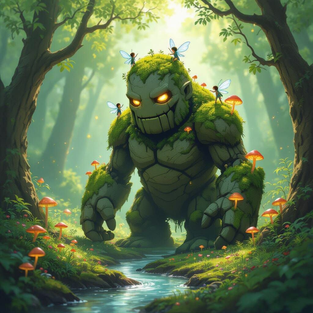 Mossy Golem Awakens in Sunlit Enchanted Forest