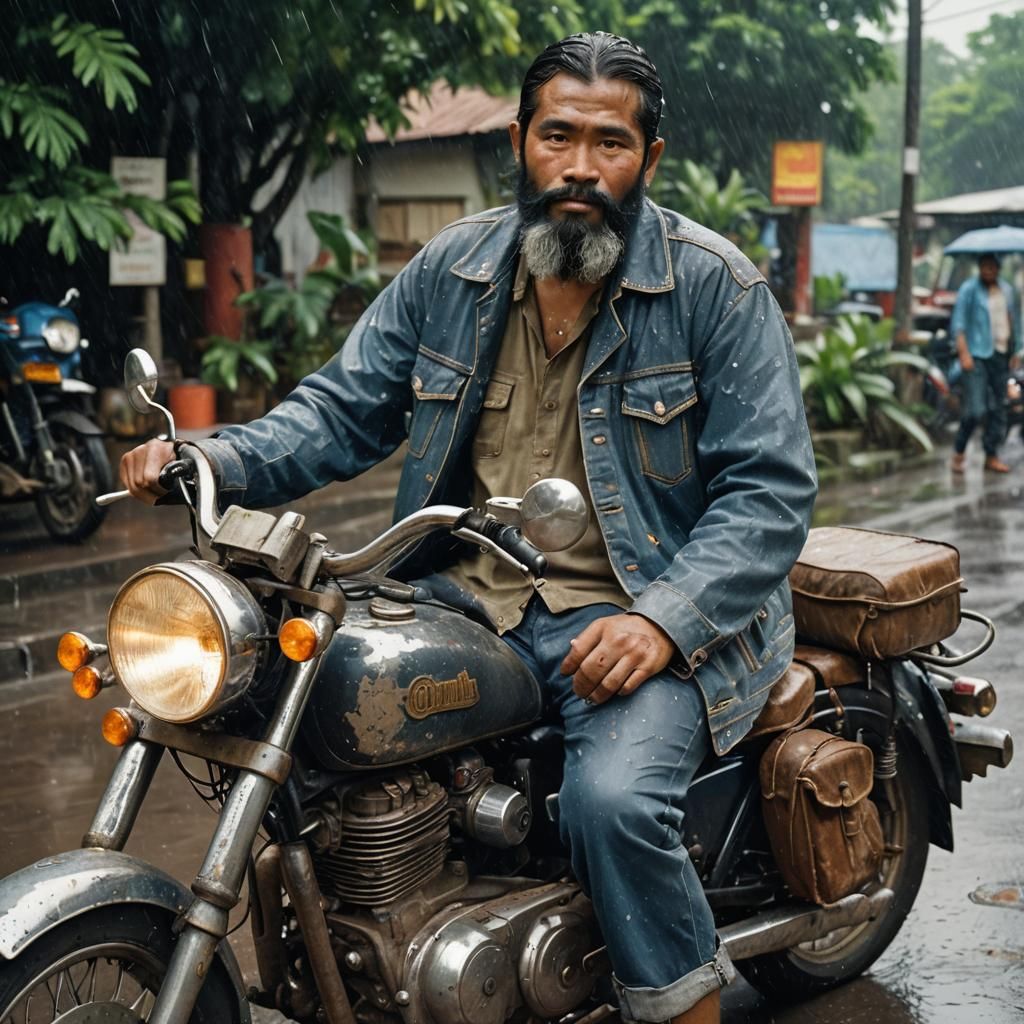 Indonesian Man on Motorbike in Rainy Vintage Photo
