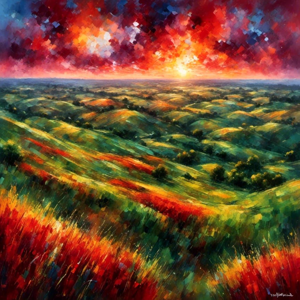 Nebraska Cornfields at Sunset in Painting Style