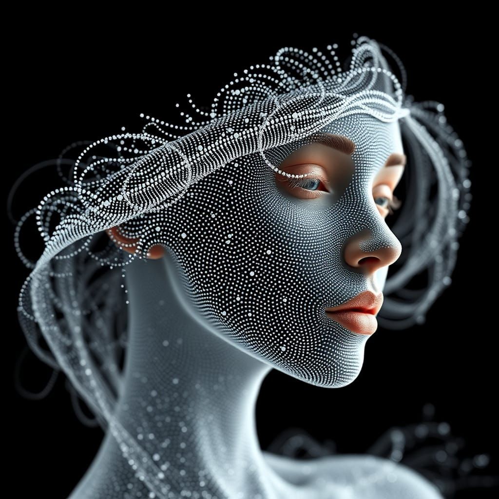 Whimsical 3D Woman's Face in Delicate White Dots on Black Ba...