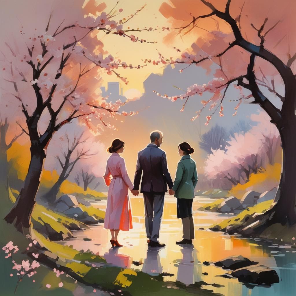 Gouache Painting: Serene Garden, Wasteland Backdrop