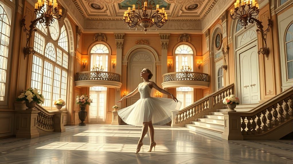 Ballerina in Grand Hall with Florals and Golden Light