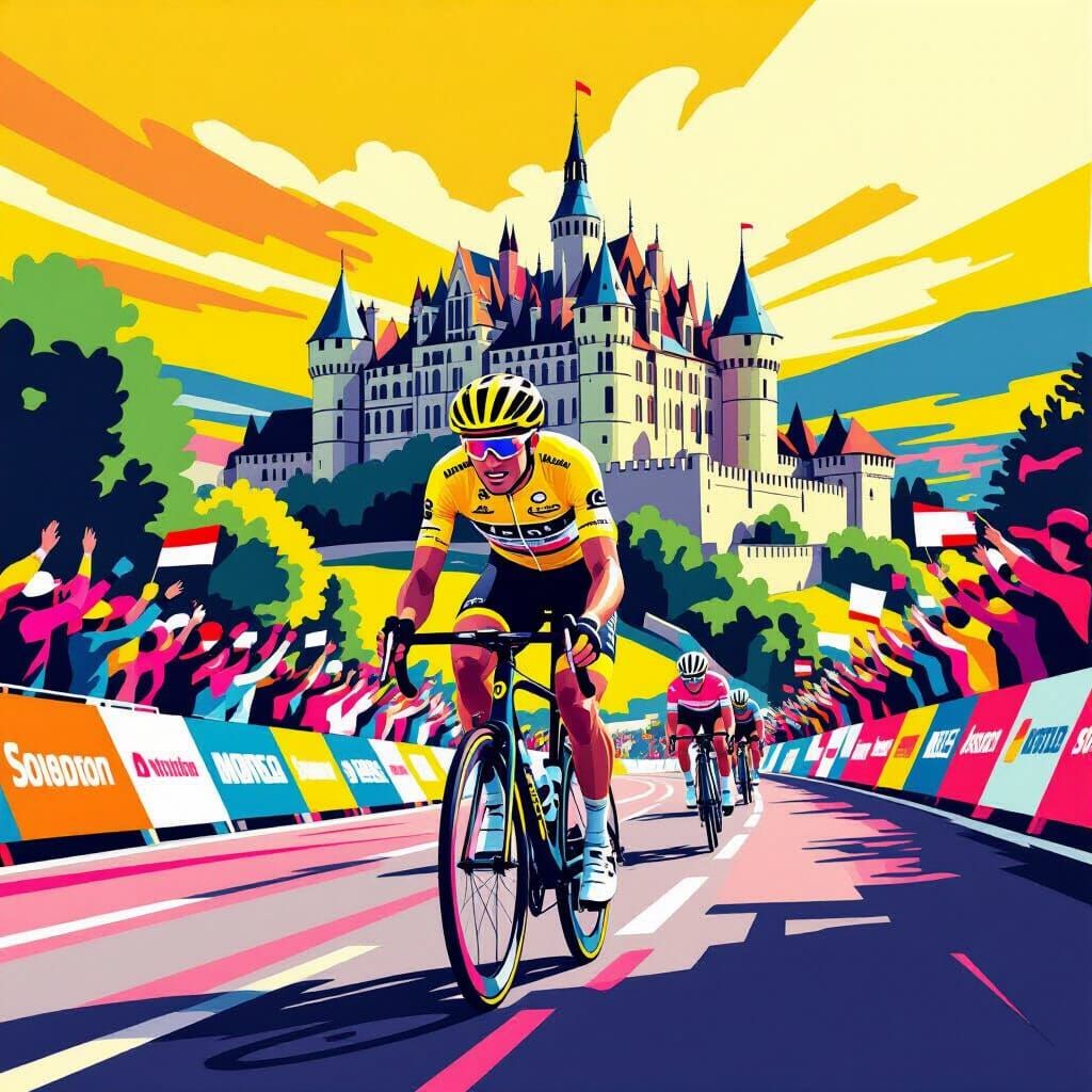 Yellow Jersey Cyclist Races in French Countryside: Digital A...