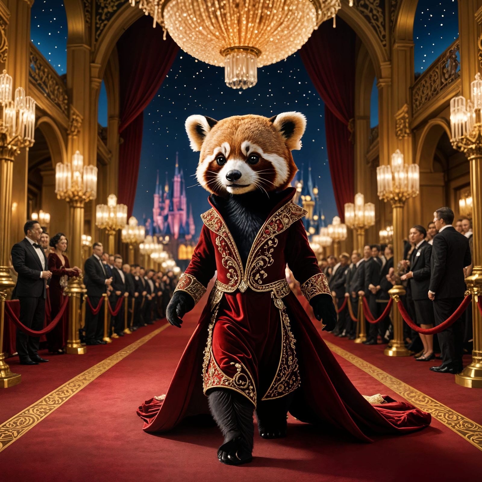 Glamorous Red Panda Steps onto Crimson Carpet