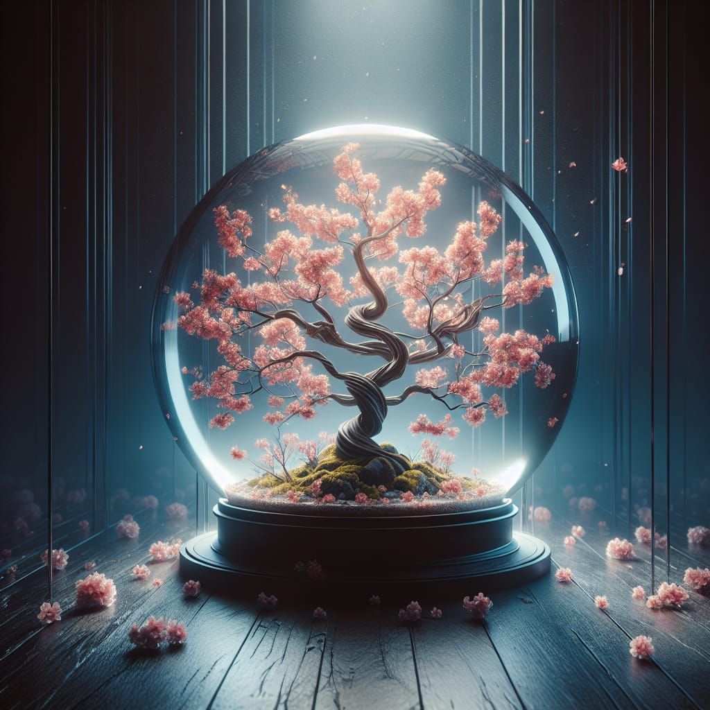 Cherry Blossom Tree in Glass Sphere: Hyperrealistic HDR Phot...