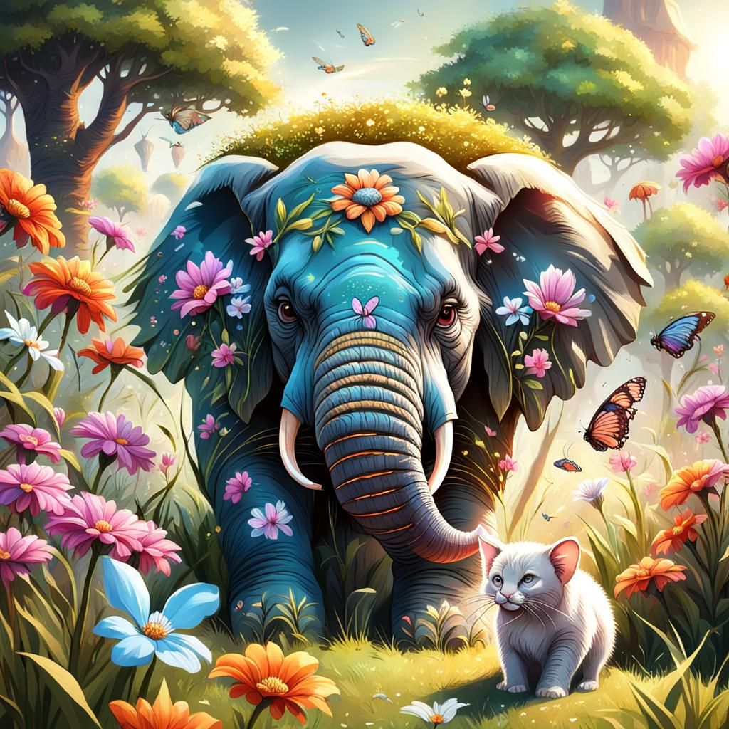 Elephant, Mouse, and Cat Play in a Field