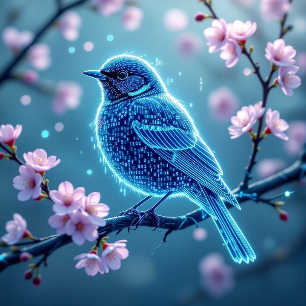 Holographic Cyberpunk Bird with Electric Branches