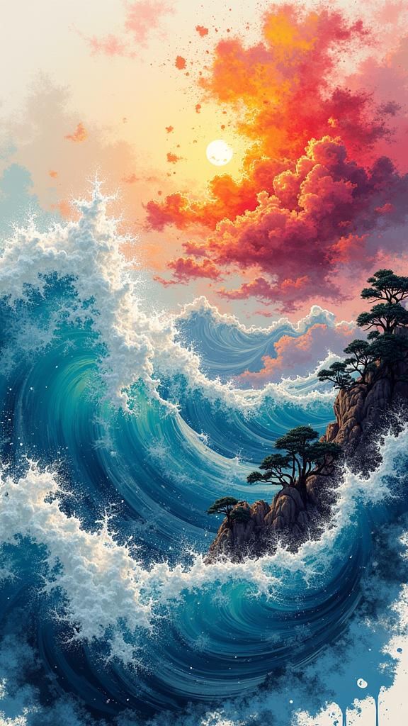 Asian Tattoo Design: Ocean and Clouds in Graffiti Art Style