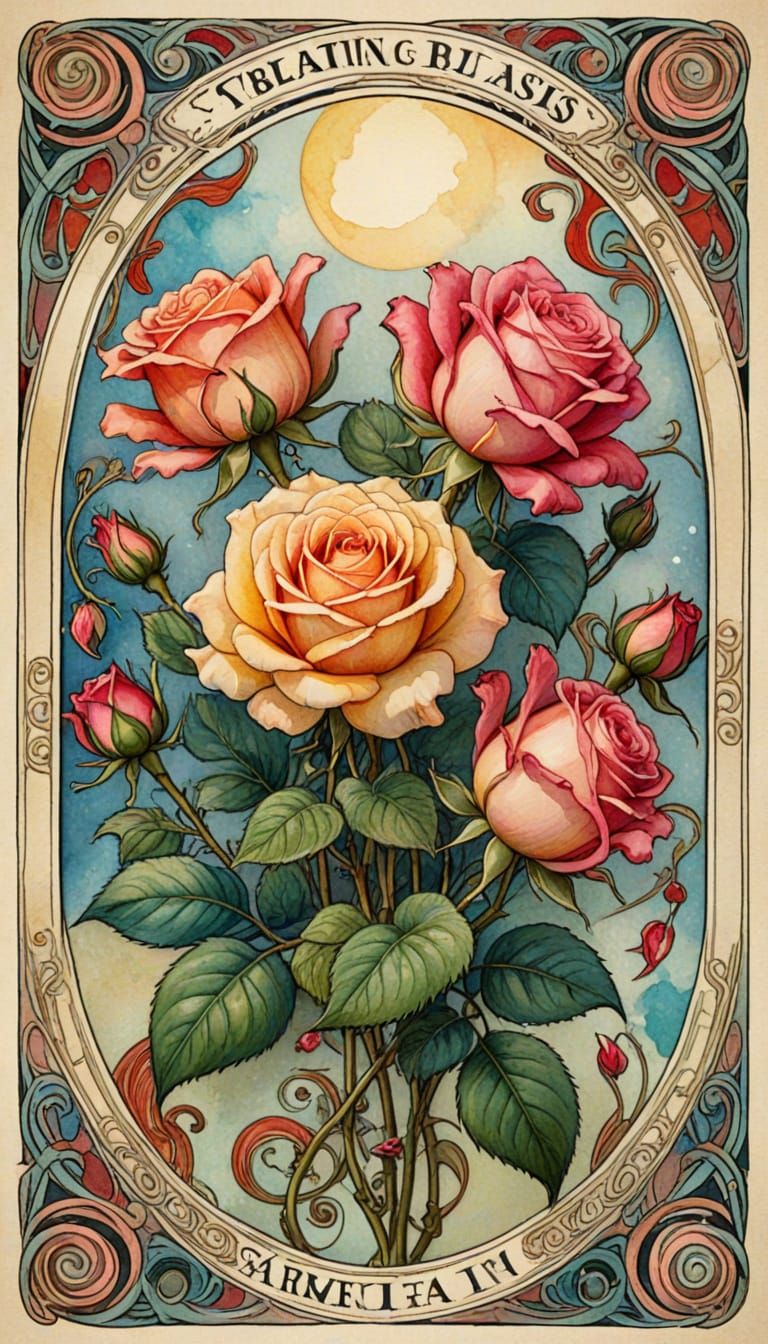 Art Nouveau Tarot Card with Vibrant Watercolour Roses