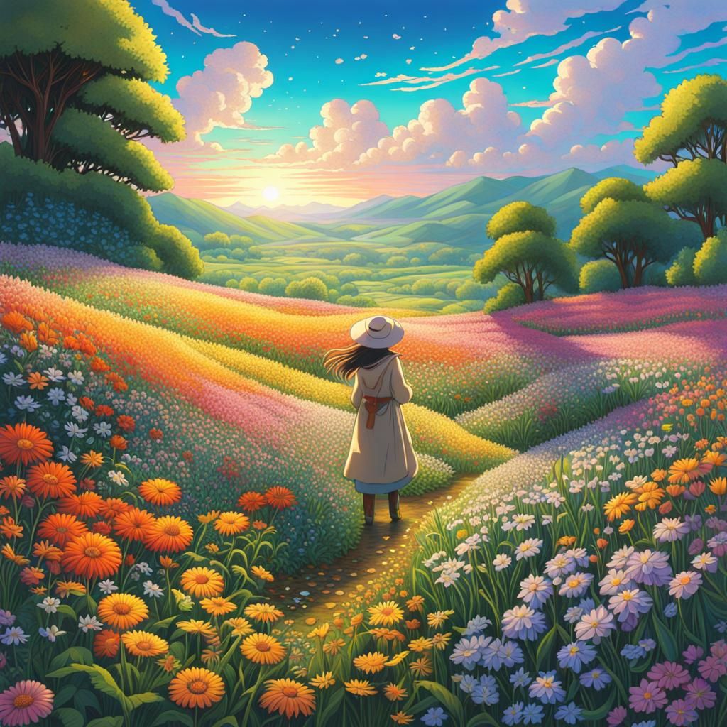 Botanist in Anime Style Flower Field