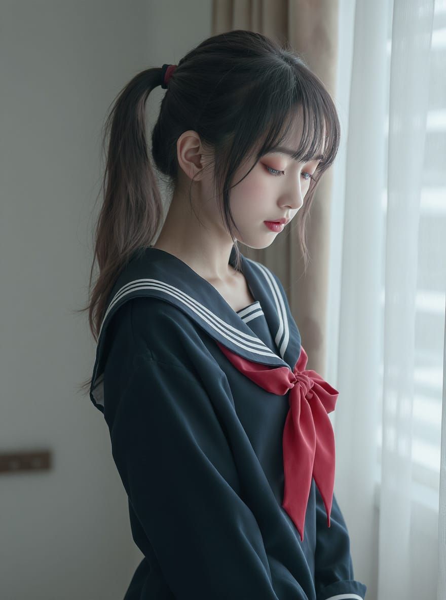 Photorealistic Portrait of a Shy High School Girl in Sailor ...