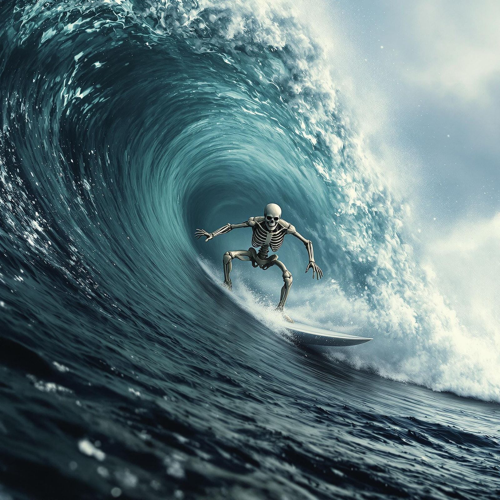 Skeleton Surfer Rides Black Wave