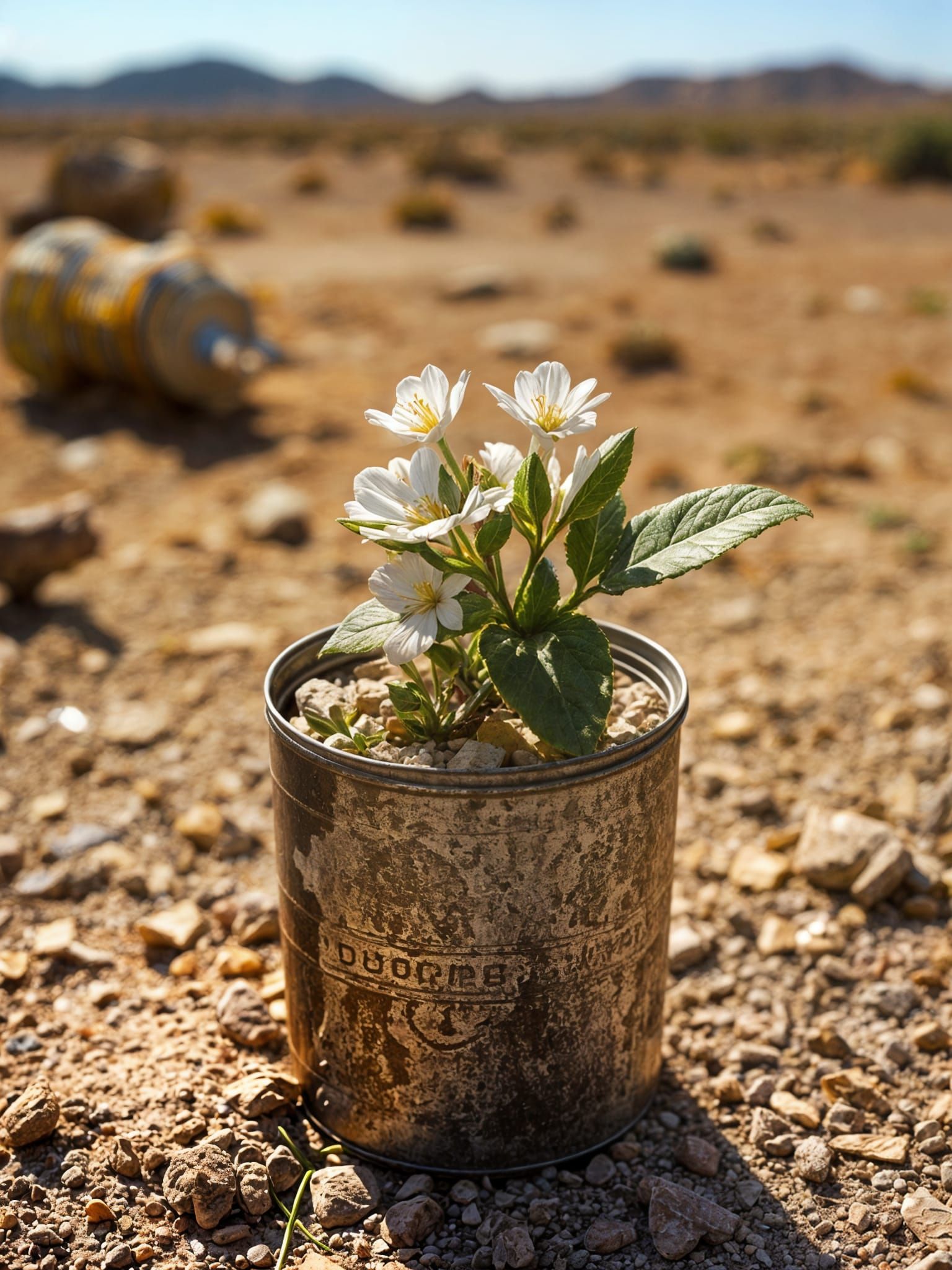Flower Blooms in a Rusty Can, Hyperdetailed