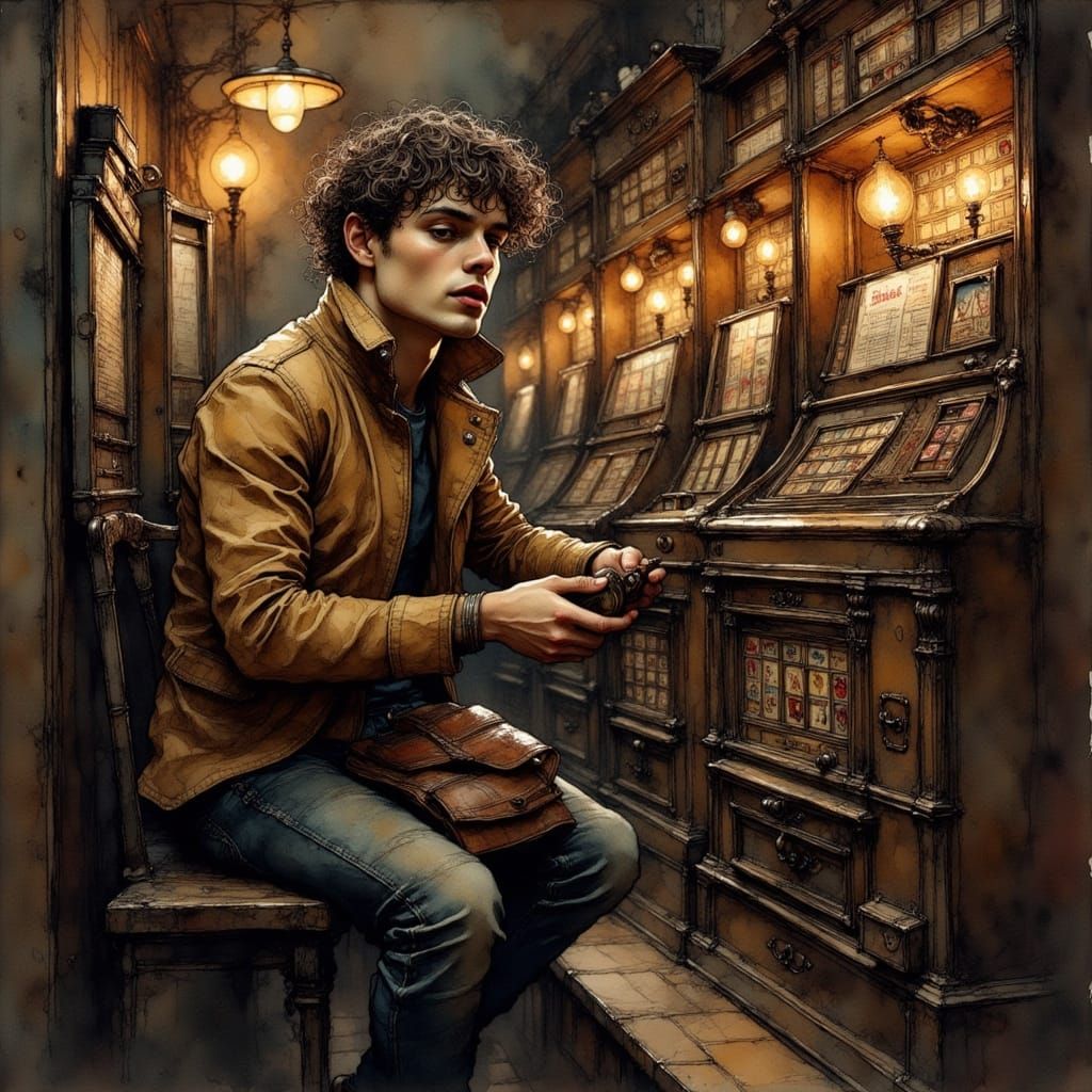 Man and Slot Machine in Matte Painting Style