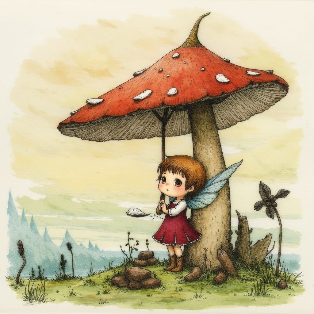 Fantasy Pixie Under Whimsical Mushroom Umbrella