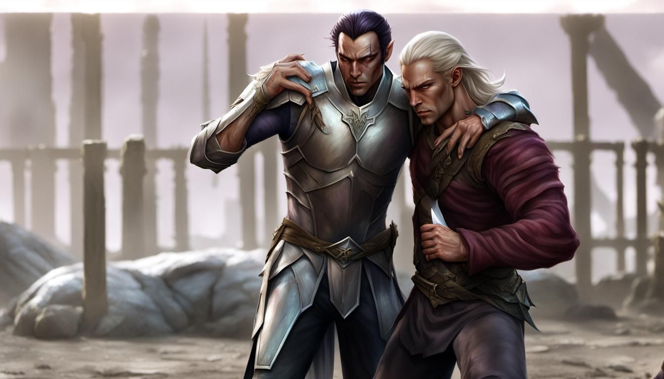 Ethereal Elf Warrior Supporting Wounded Comrade