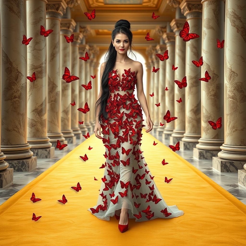 Regal Beauty Surrounded by Red Butterflies in a Golden Setti...