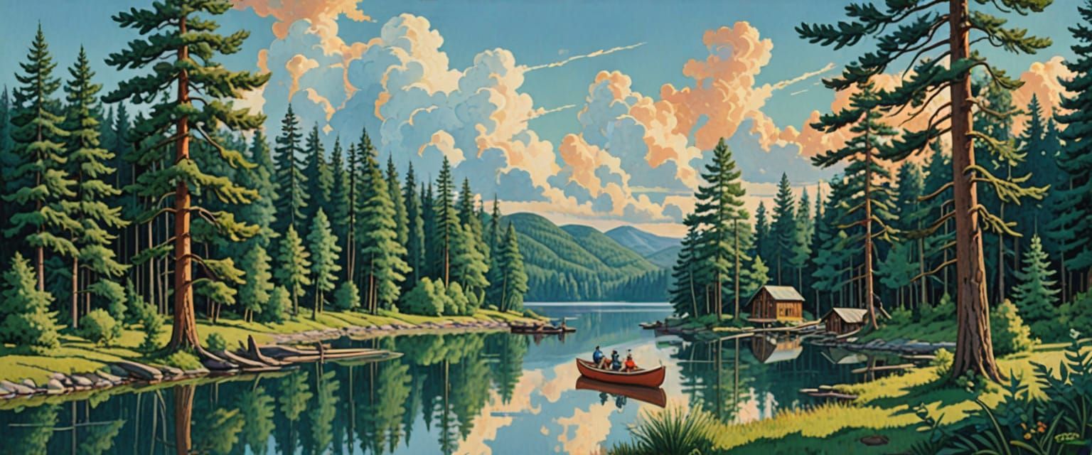 Mystical Forest Glade in Folk Art Style