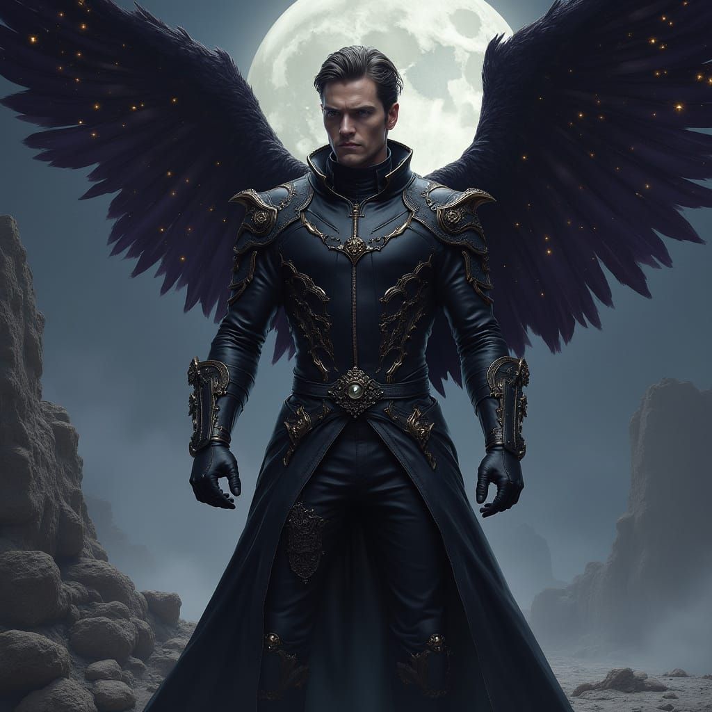 Dark Fantasy Hero Stands on the Moon with Iridescent Wings