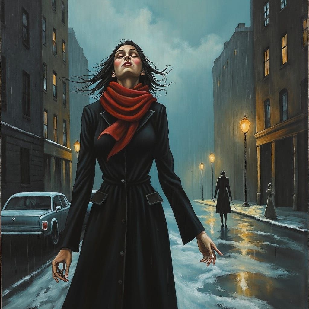 Windswept Woman in Stormy Cityscape