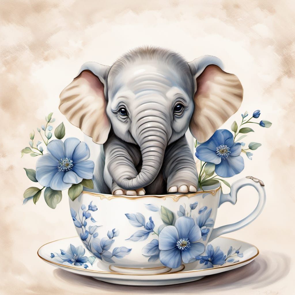 Baby Elephant in Teacup: Whimsical Oil Painting